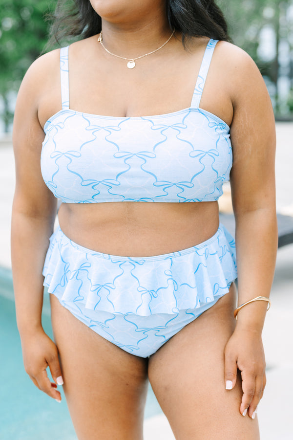 Plus Size light blue bikini top with a dark blue ribbon pattern and thin shoulder straps.