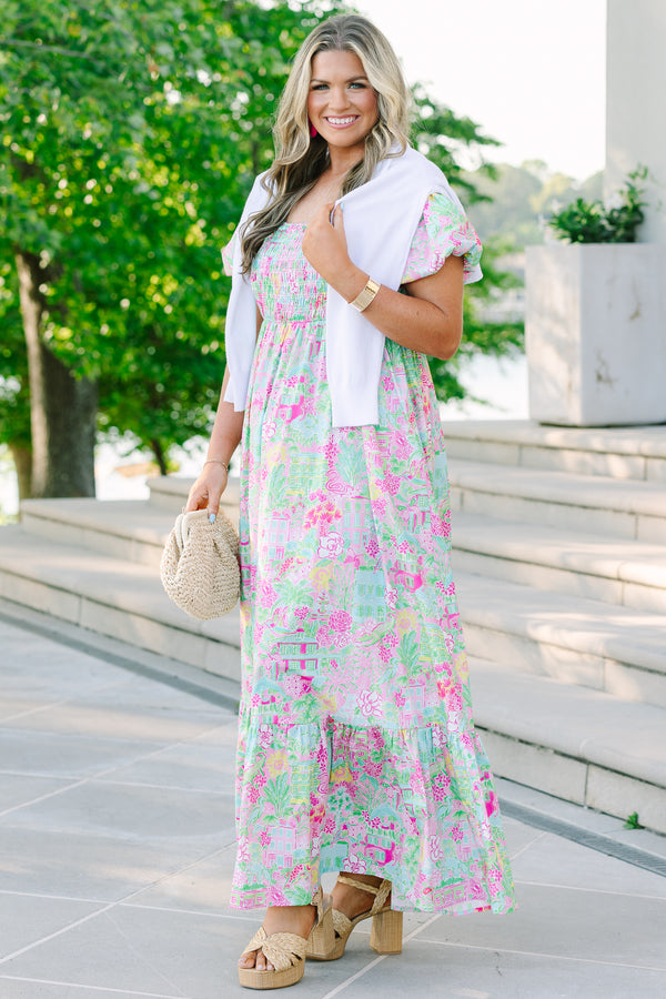 Chic soul plus size clothing, Pink floral maxi dress with a smocked bodice, square neckline, and short bubble sleeves.