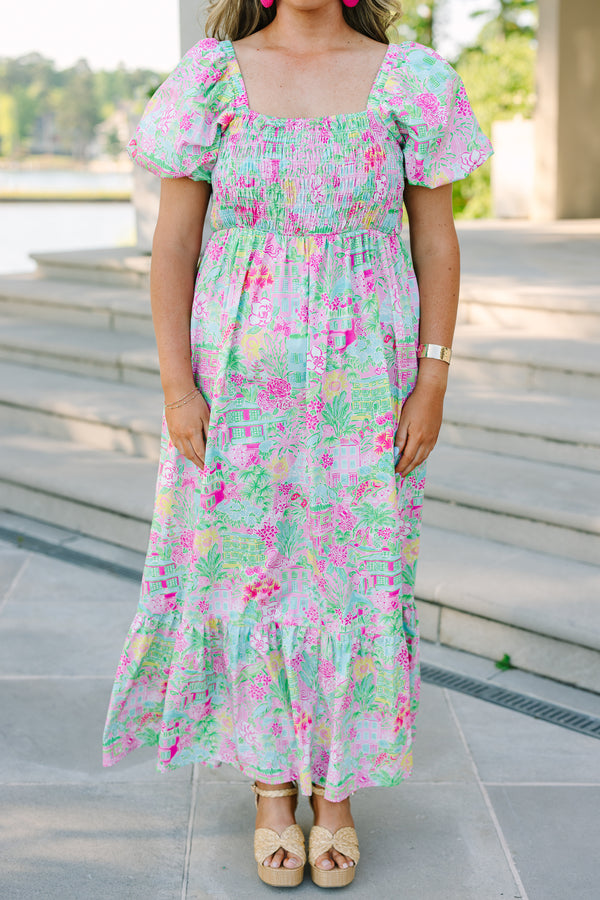 Chic soul plus size clothing, Pink floral maxi dress with a smocked bodice, square neckline, and short bubble sleeves.