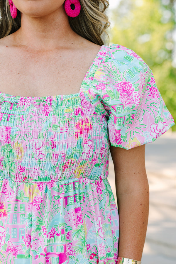 Chic soul plus size clothing, Pink floral maxi dress with a smocked bodice, square neckline, and short bubble sleeves.