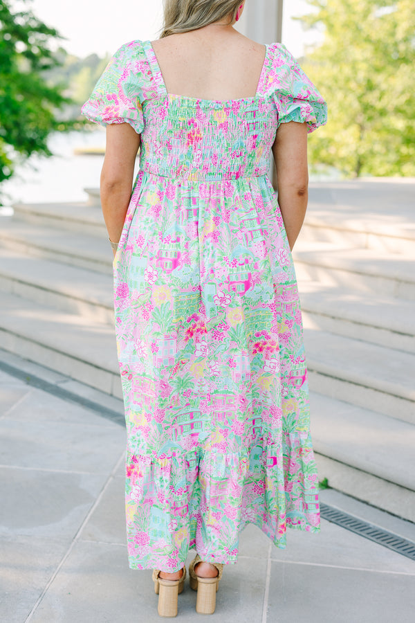 Chic soul plus size clothing, Pink floral maxi dress with a smocked bodice, square neckline, and short bubble sleeves.