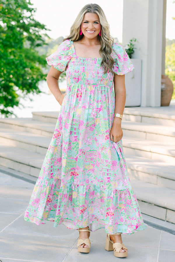 Chic soul plus size clothing, Pink floral maxi dress with a smocked bodice, square neckline, and short bubble sleeves.