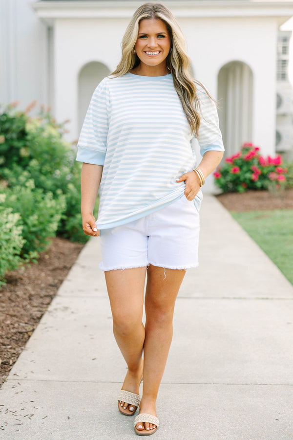 Plus Size light blue and white horizontal striped cotton top with short sleeves and a crew neck.