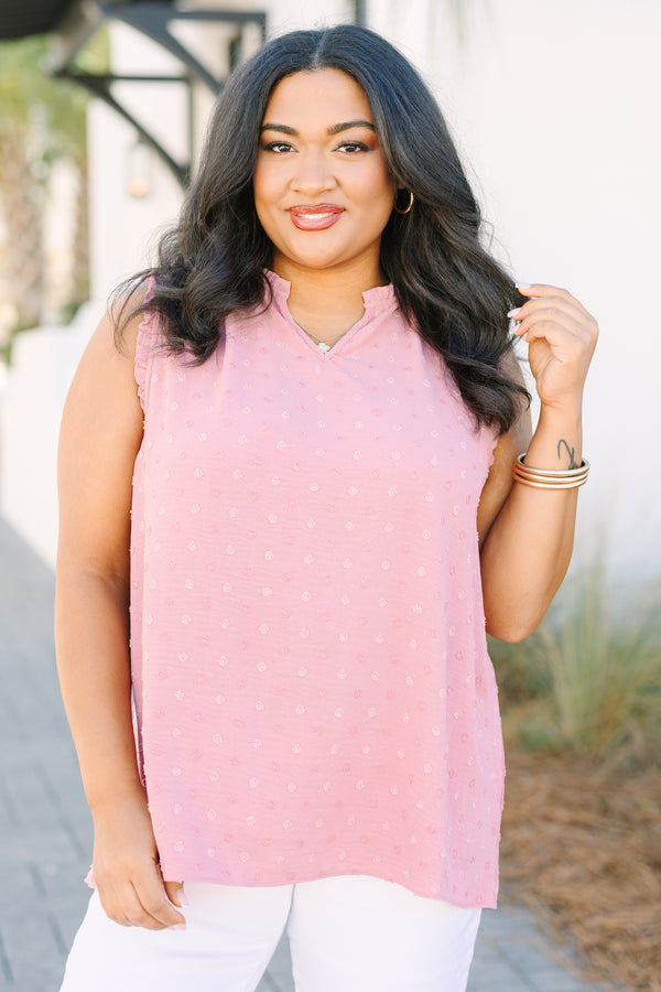 Chic Soul plus size clothing, pink tank top with small ruffle collar and swiss dot pattern