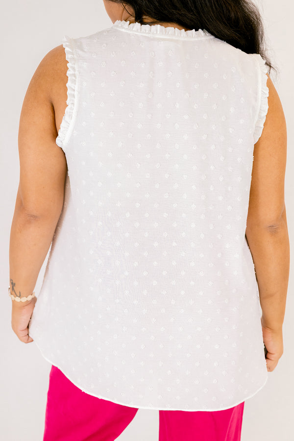 Chic Soul plus size clothing, white ruffle sleeve tank top with v neck cutout and white dot texturing