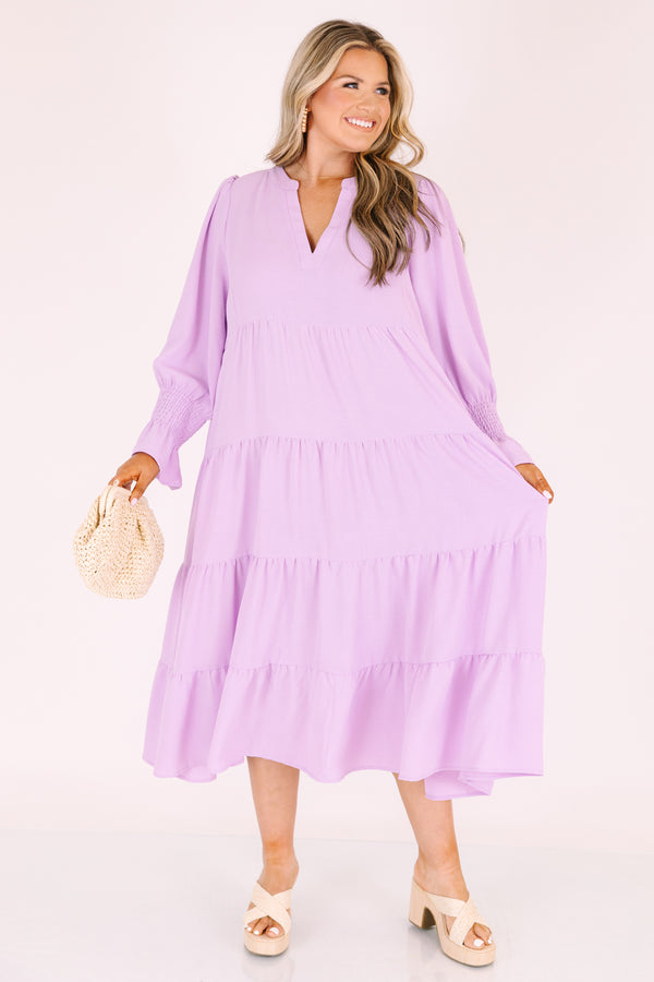 Chic Soul plus size clothing, lavender tiered maxi dress with a slight v-neckline and half sleeves that have a flare out detail at the end of each sleeve 