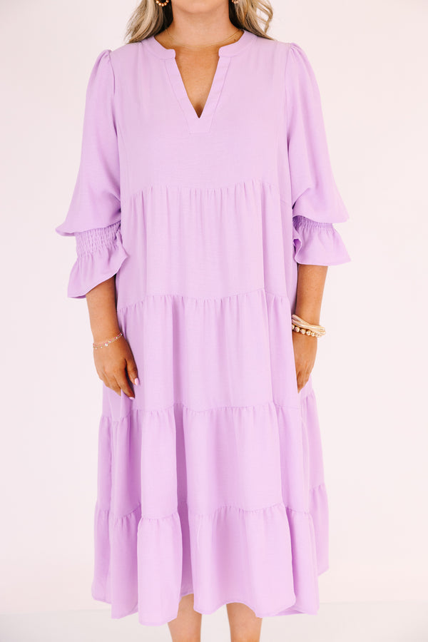 Chic Soul plus size clothing, lavender tiered maxi dress with a slight v-neckline and half sleeves that have a flare out detail at the end of each sleeve 