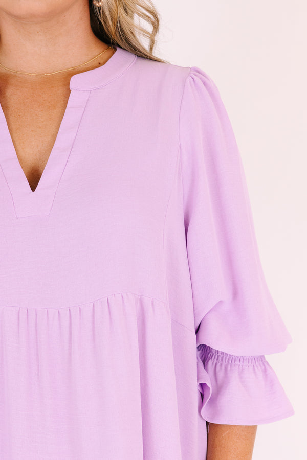 Chic Soul plus size clothing, lavender tiered maxi dress with a slight v-neckline and half sleeves that have a flare out detail at the end of each sleeve 