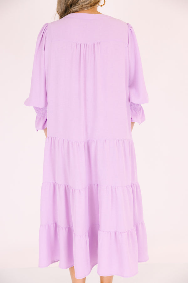 Chic Soul plus size clothing, lavender tiered maxi dress with a slight v-neckline and half sleeves that have a flare out detail at the end of each sleeve 