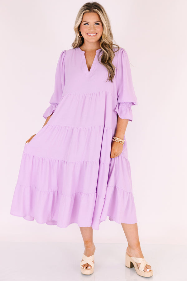 Chic Soul plus size clothing, lavender tiered maxi dress with a slight v-neckline and half sleeves that have a flare out detail at the end of each sleeve 