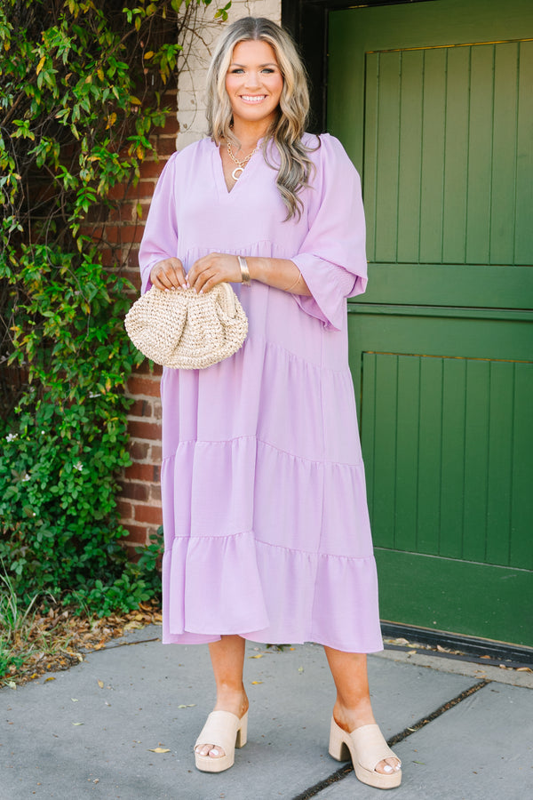 Chic Soul plus size clothing, lavender tiered maxi dress with a slight v-neckline and half sleeves that have a flare out detail at the end of each sleeve 