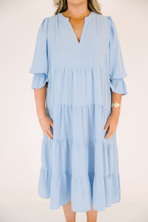 Chic Soul plus size clothing, light blue tiered maxi dress with half sleeves that have a ruffle detail on the bottom of each sleeve as well as a v-neckline 