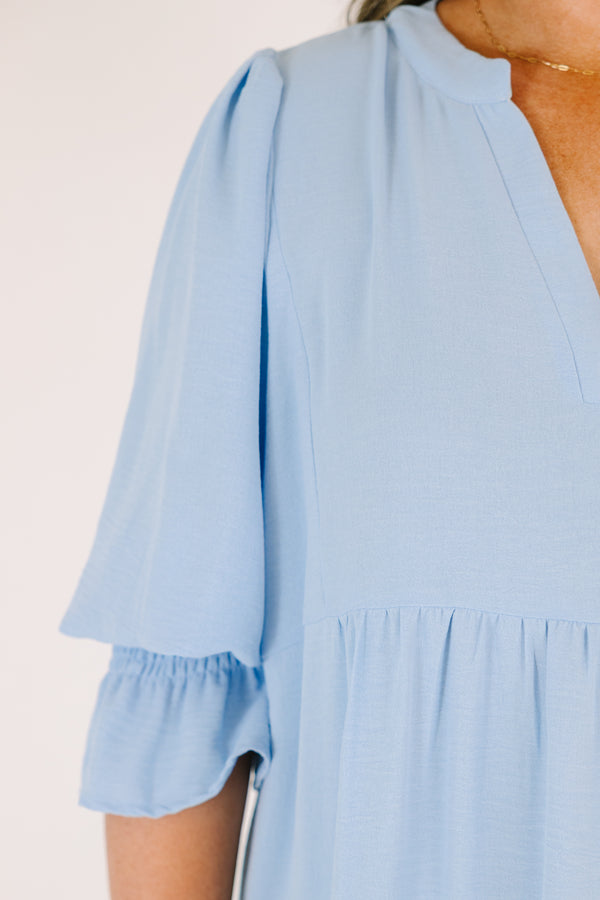 Chic Soul plus size clothing, light blue tiered maxi dress with half sleeves that have a ruffle detail on the bottom of each sleeve as well as a v-neckline 