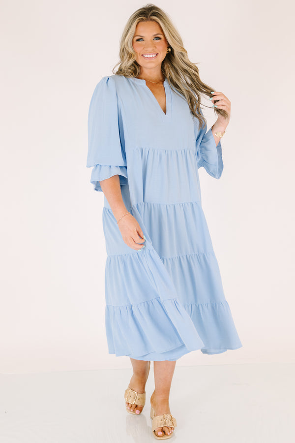 Chic Soul plus size clothing, light blue tiered maxi dress with half sleeves that have a ruffle detail on the bottom of each sleeve as well as a v-neckline 