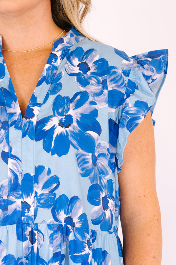 Chic Soul plus size clothing, 2 toned blue floral print tiered midi dress with ruffle cap sleeves and v neck cutout