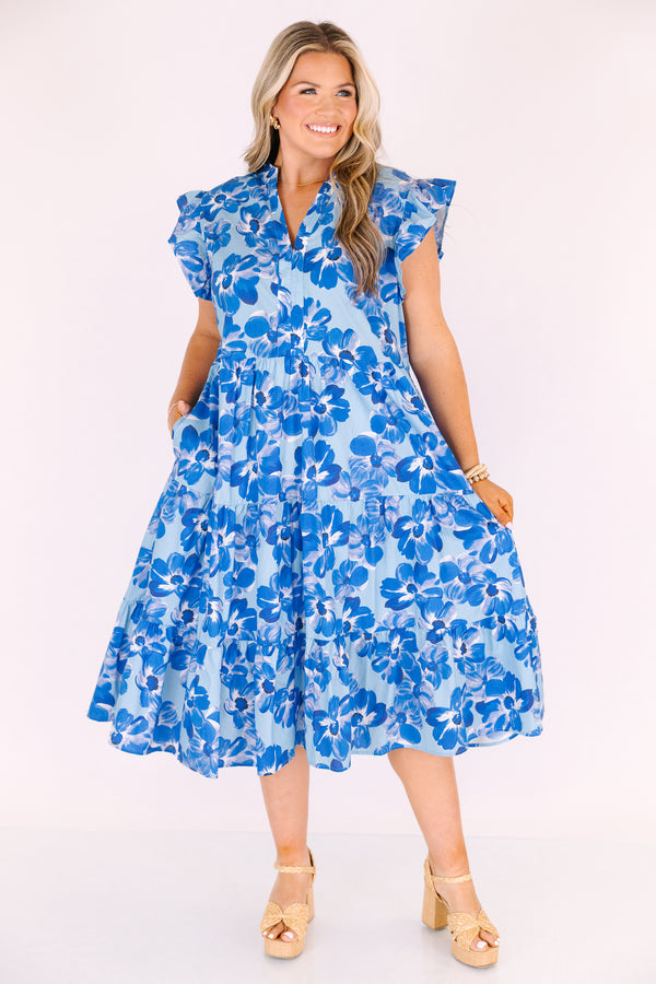 Chic Soul plus size clothing, 2 toned blue floral print tiered midi dress with ruffle cap sleeves and v neck cutout