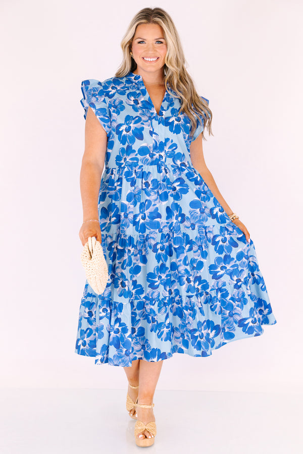 Chic Soul plus size clothing, 2 toned blue floral print tiered midi dress with ruffle cap sleeves and v neck cutout