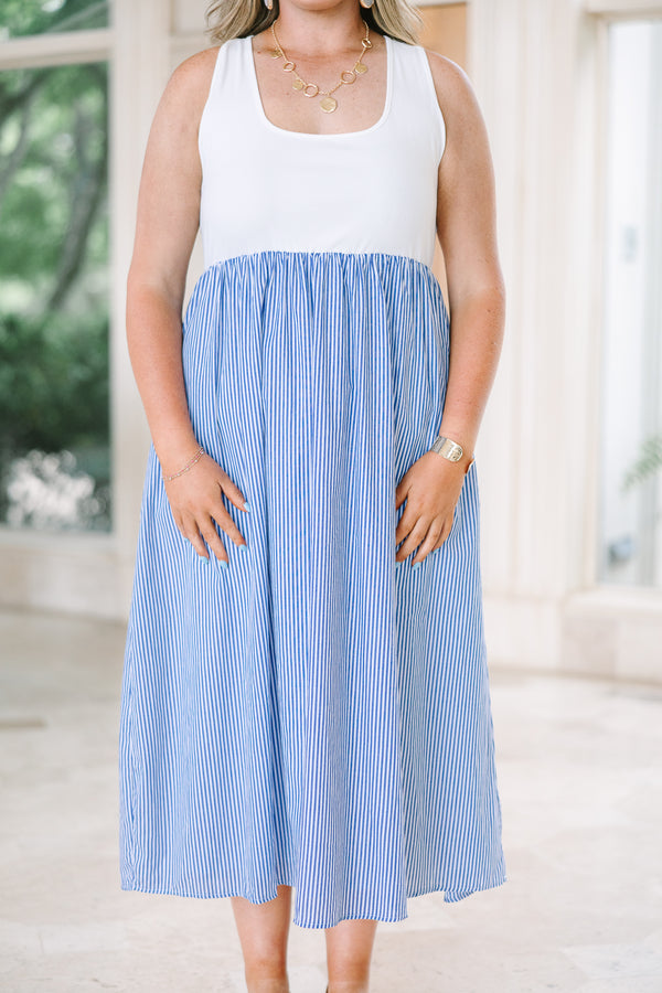 Plus Size navy and white striped midi dress with a white ribbed tank bodice and scoop neckline.