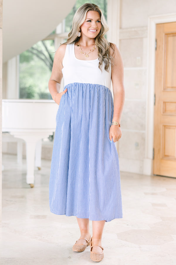 Plus Size navy and white striped midi dress with a white ribbed tank bodice and scoop neckline.