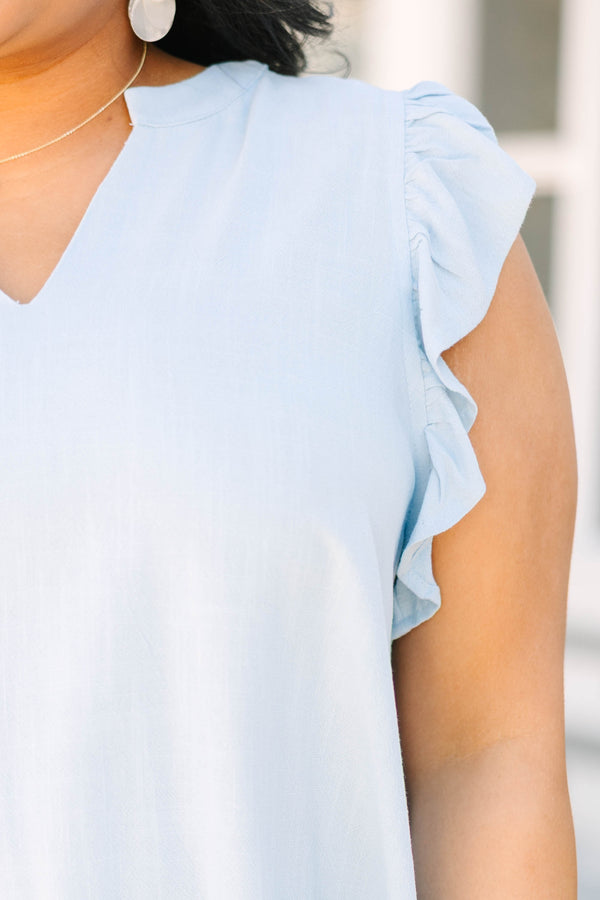 Chic Soul plus size clothing, blue tank with a slight v-neckline and flutter sleeves 
