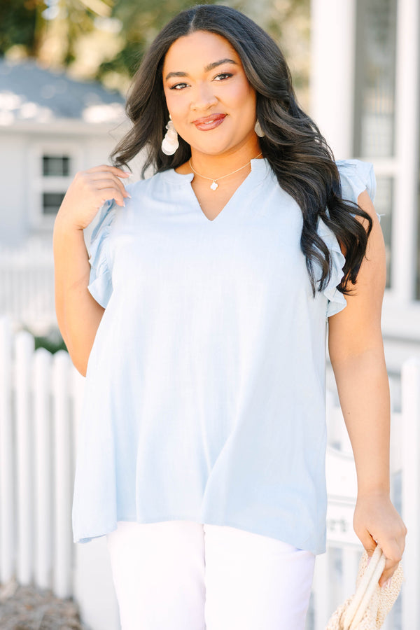 Chic Soul plus size clothing, blue tank with a slight v-neckline and flutter sleeves 