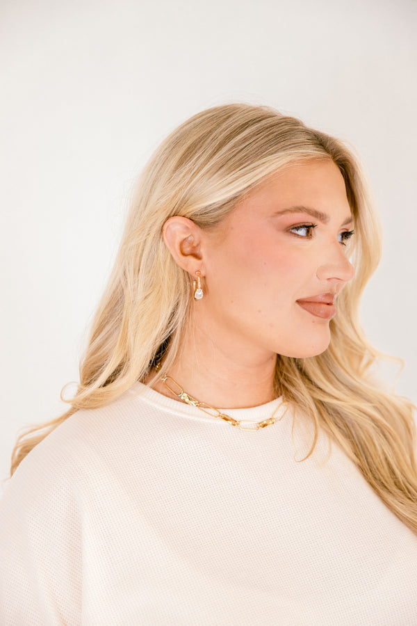 Chic Soul plus size clothing, gold hoop earrings with crystal stone in the middle