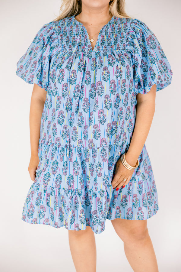 Chic Soul plus size clothing, blue short puff sleeve short dress with green and purple florals and multi colored pin stripe pattern and v-neckline