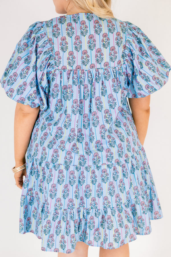 Chic Soul plus size clothing, blue short puff sleeve short dress with green and purple florals and multi colored pin stripe pattern and v-neckline