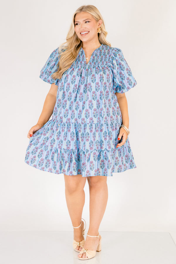 Chic Soul plus size clothing, blue short puff sleeve short dress with green and purple florals and multi colored pin stripe pattern and v-neckline