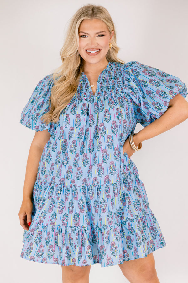 Chic Soul plus size clothing, blue short puff sleeve short dress with green and purple florals and multi colored pin stripe pattern and v-neckline