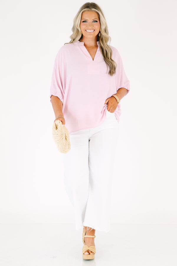 Plus Size baby pink short sleeve top with a split neckline and relaxed fit.