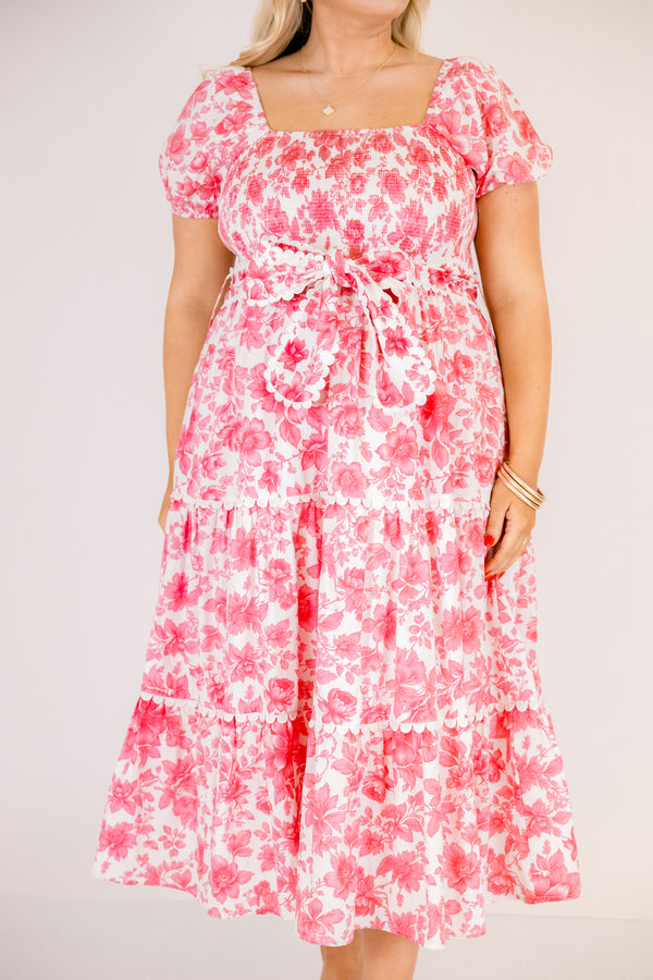 Chic Soul plus size clothing, dark pink floral print square neck puff sleeve tiered maxi dress with bow tied at the waist