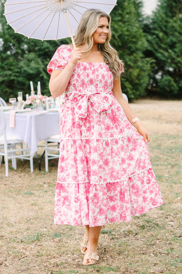 Chic Soul plus size clothing, dark pink floral print square neck puff sleeve tiered maxi dress with bow tied at the waist