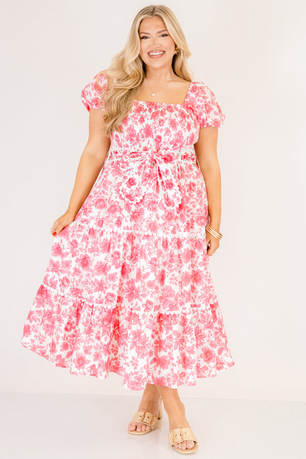Chic Soul plus size clothing, dark pink floral print square neck puff sleeve tiered maxi dress with bow tied at the waist