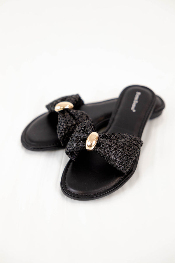 Chic Soul plus size clothing, black slip on sandals with black woven strap and gold shell in the middle