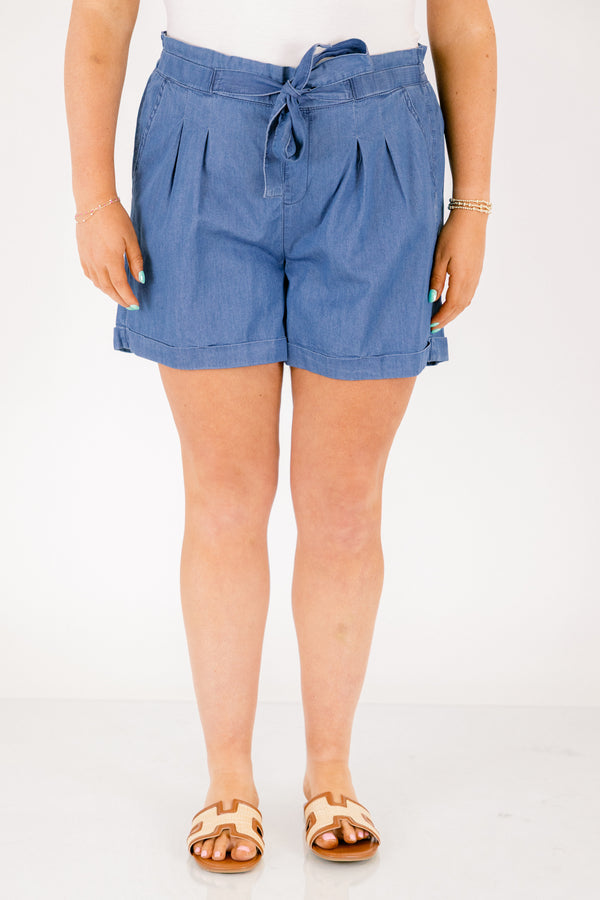 Chic Soul plus size clothing, blue paper bag waist tie pleated shorts