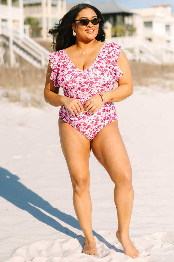 Chic Soul plus size clothing, light pink one piece swimsuit with purple floral pattern and flutter sleeves