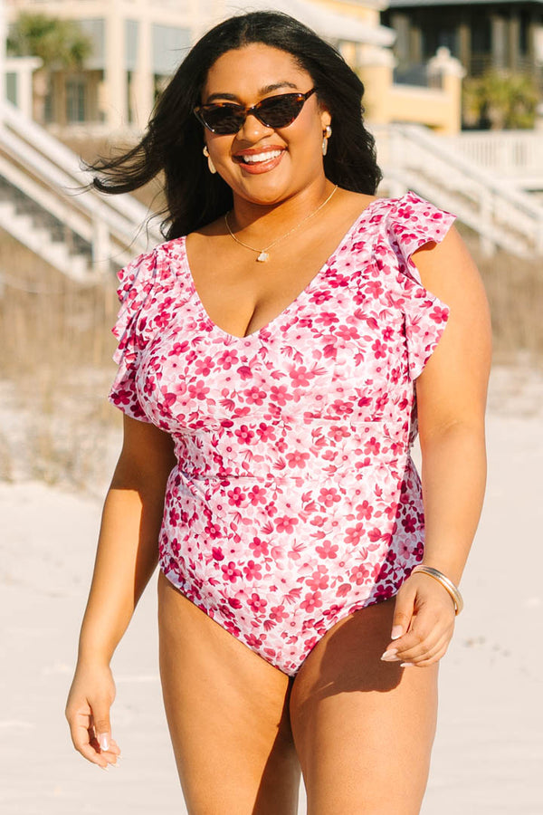 Chic Soul plus size clothing, light pink one piece swimsuit with purple floral pattern and flutter sleeves