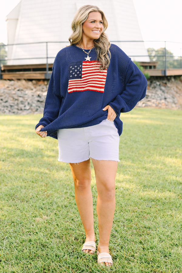 Plus Size navy open-knit sweater with an American flag design on the front and long sleeves.
