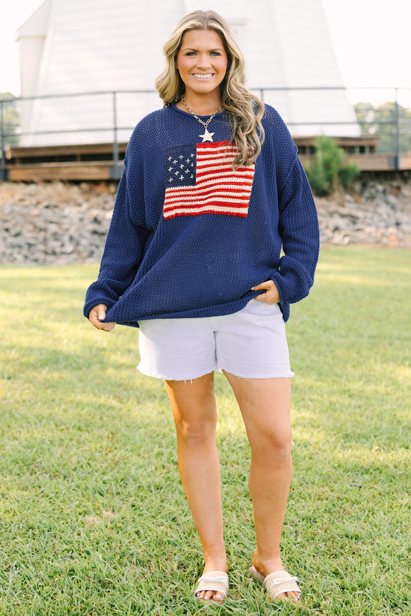 Plus Size navy open-knit sweater with an American flag design on the front and long sleeves.