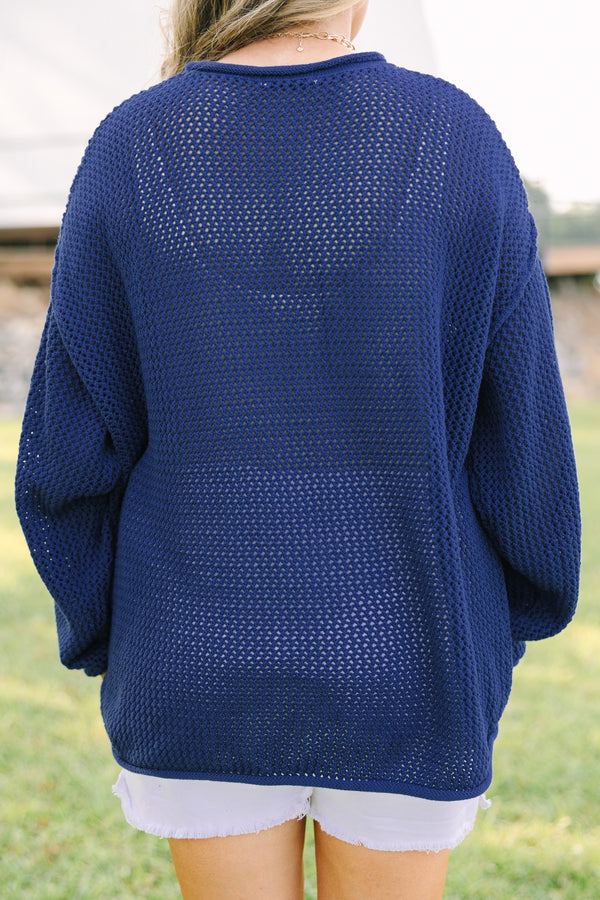 Plus Size navy open-knit sweater with an American flag design on the front and long sleeves.
