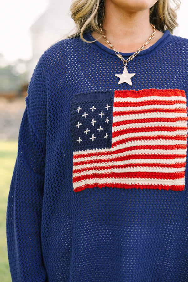 Plus Size navy open-knit sweater with an American flag design on the front and long sleeves.
