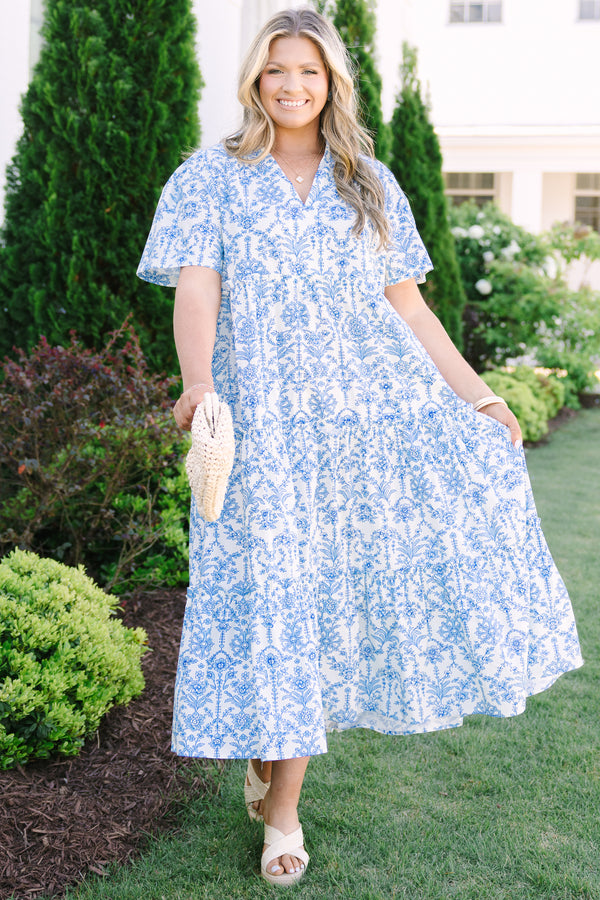 Chic Soul plus size clothing, light blue and white patterned short bell sleeve tiered v neck maxi dress 

