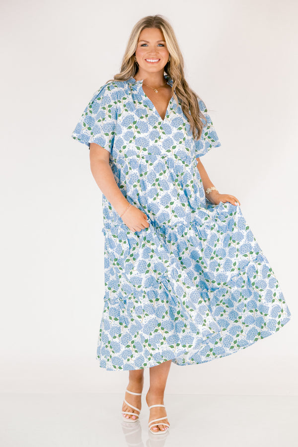 Chic Soul plus size clothing, white tiered maxi dress with short sleeves a slight v-neckline and a blue hydrangea pattern throughout