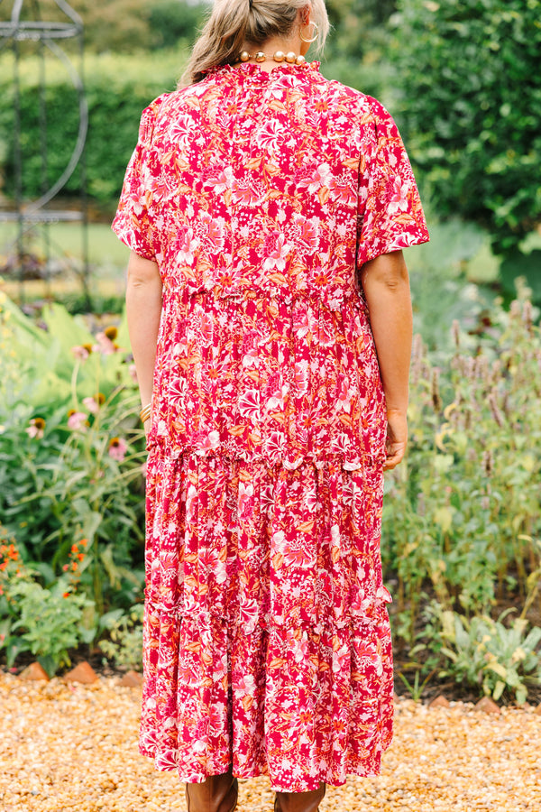 Plus Size pink floral tiered midi dress with short sleeves, a V-neckline, and a relaxed fit.