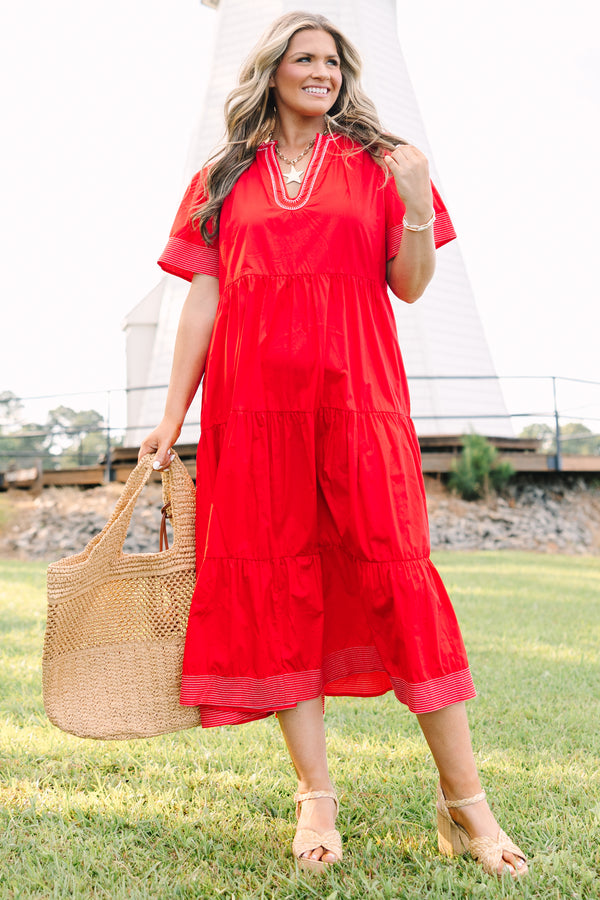 Plus Size red tiered midi dress with short sleeves, a V-neckline, and white embroidered trim.