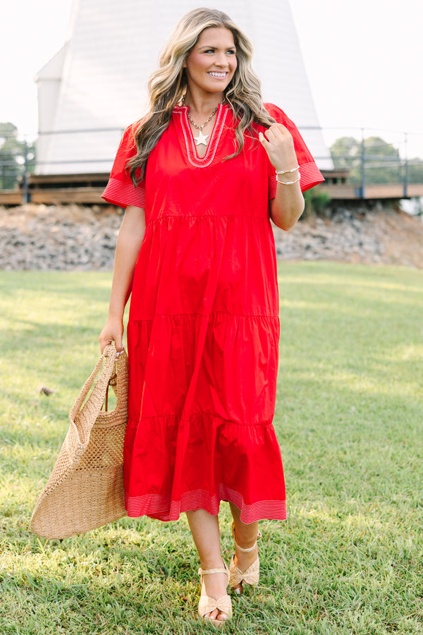 Plus Size red tiered midi dress with short sleeves, a V-neckline, and white embroidered trim.