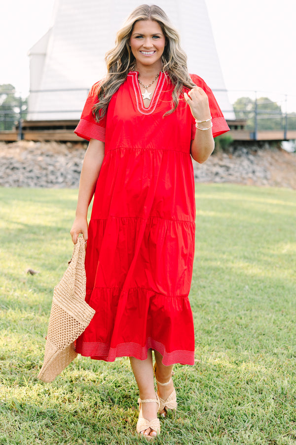 Plus Size red tiered midi dress with short sleeves, a V-neckline, and white embroidered trim.