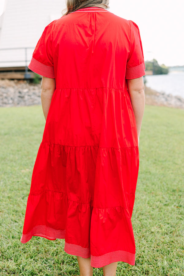 Plus Size red tiered midi dress with short sleeves, a V-neckline, and white embroidered trim.