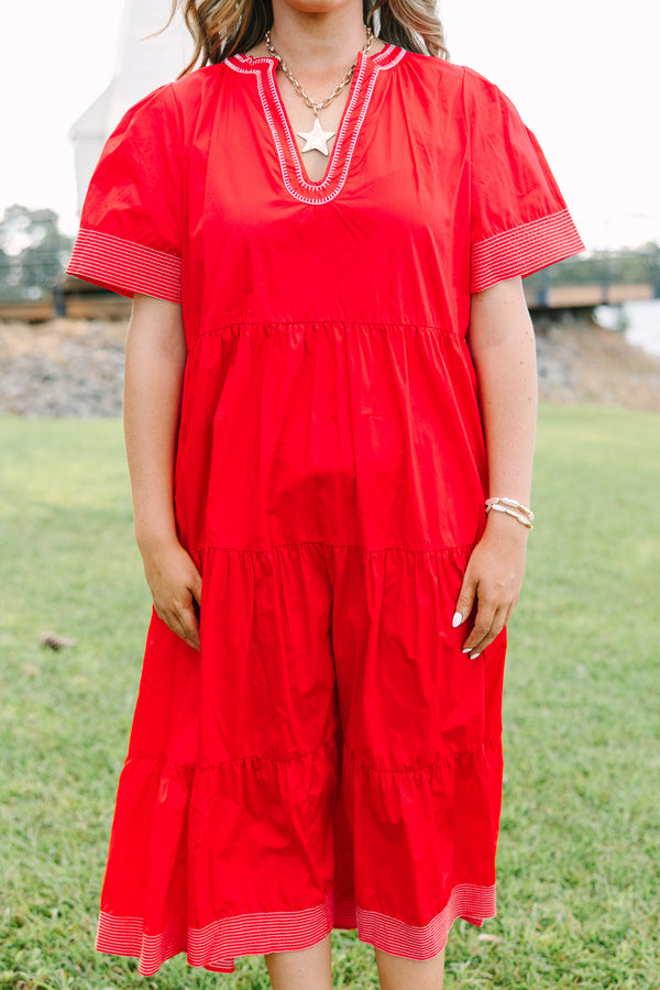 Plus Size red tiered midi dress with short sleeves, a V-neckline, and white embroidered trim.